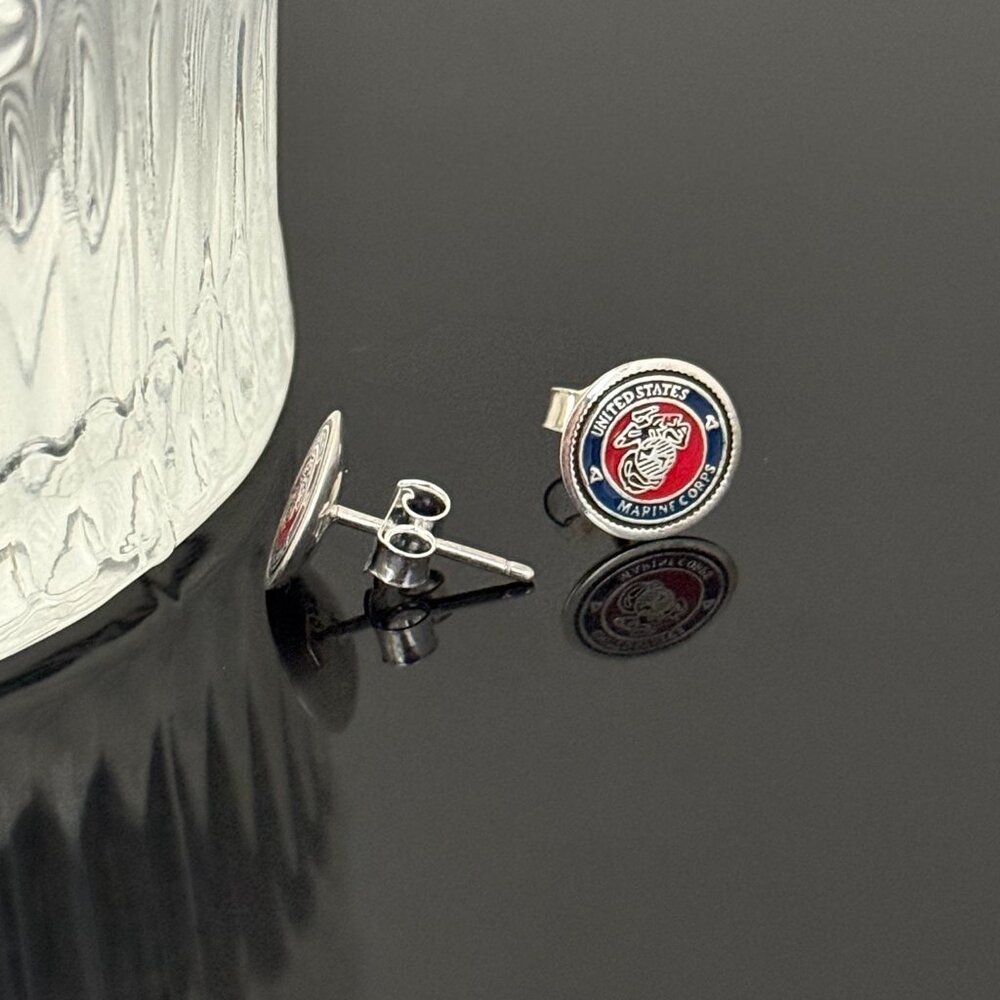 USMC Marine Corps Earrings S925 Sterling Silver Handmade Ear Stud - Picture 2 of 3